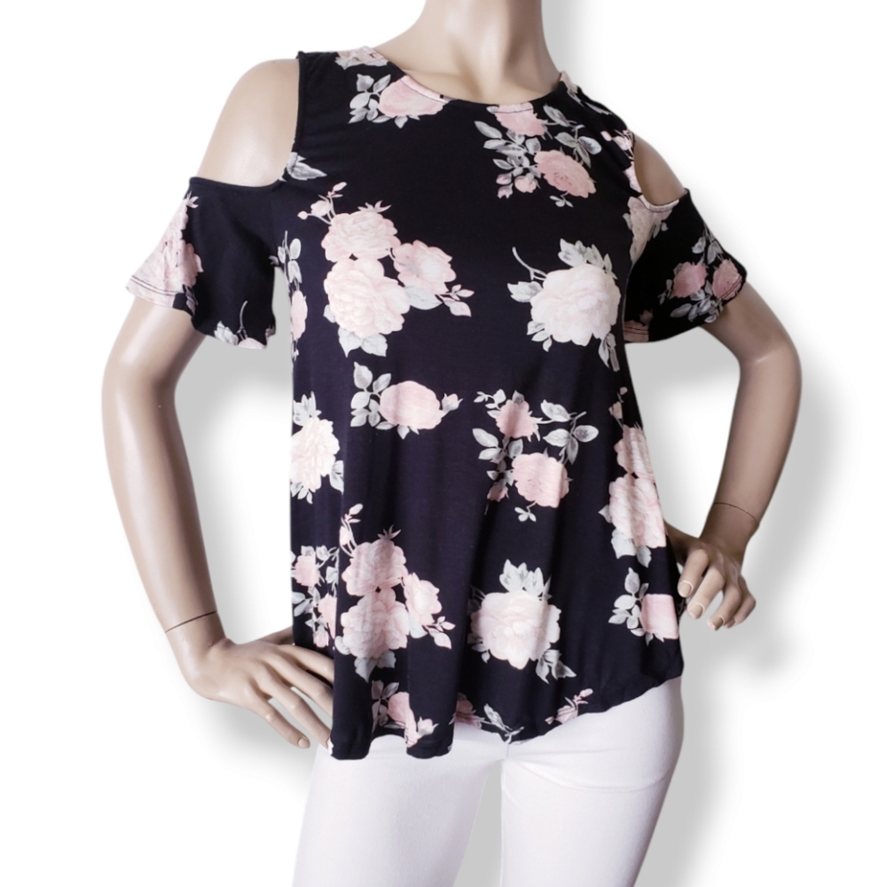 Heart & Hips Black/Pink Floral Cold Shoulder Top Size Small